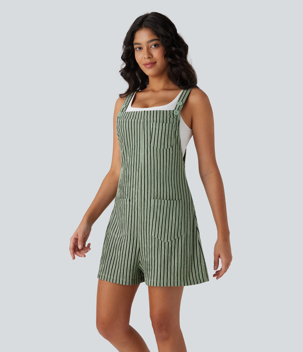 Adjustable Strap Button Multiple Pockets Casual Dungarees — Grey Green Black Stripes — view 3