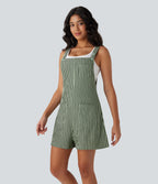 Adjustable Strap Button Multiple Pockets Casual Dungarees — Grey Green Black Stripes — view 3