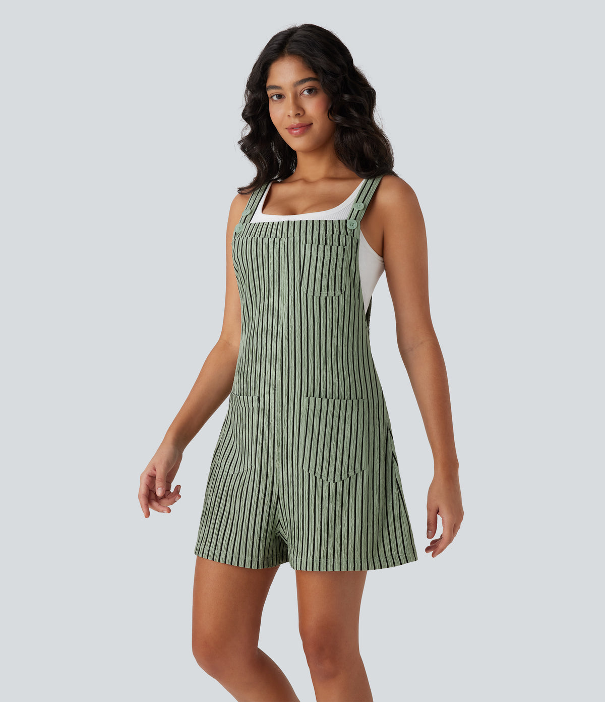Adjustable Strap Button Multiple Pockets Casual Dungarees — Grey Green Black Stripes — view 3