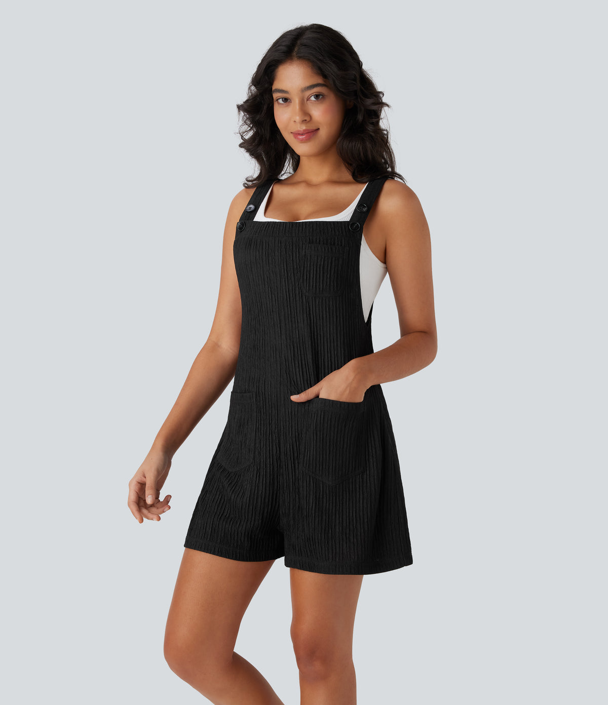Adjustable Strap Button Multiple Pockets Casual Dungarees — Black — view 8