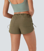 Low Rise Adjustable Drawcord Back Side Pocket Curved Hem Casual Shorts — Lizard — view 2