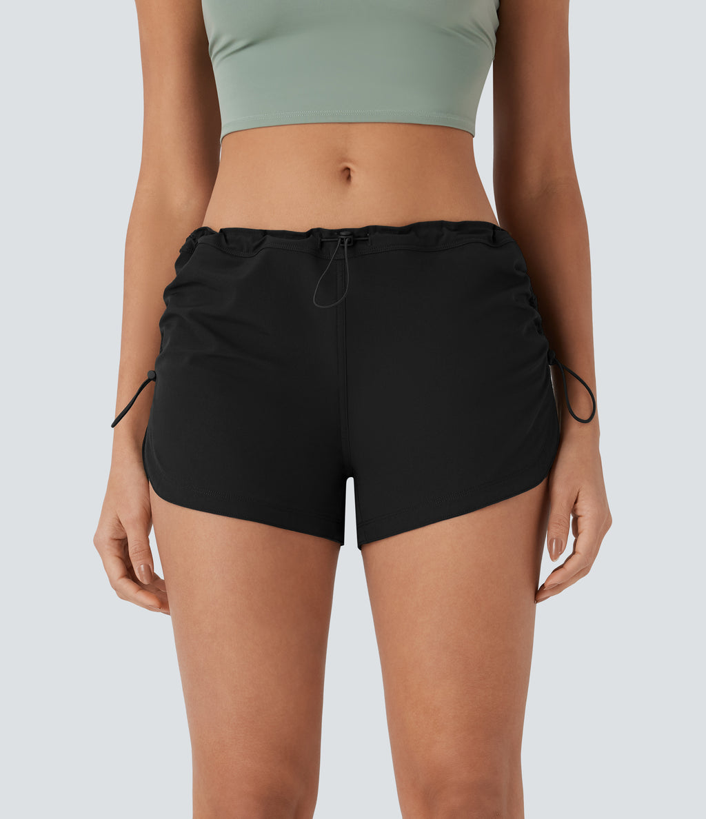Low Rise Adjustable Drawcord Back Side Pocket Curved Hem Casual Shorts — Black — view 6