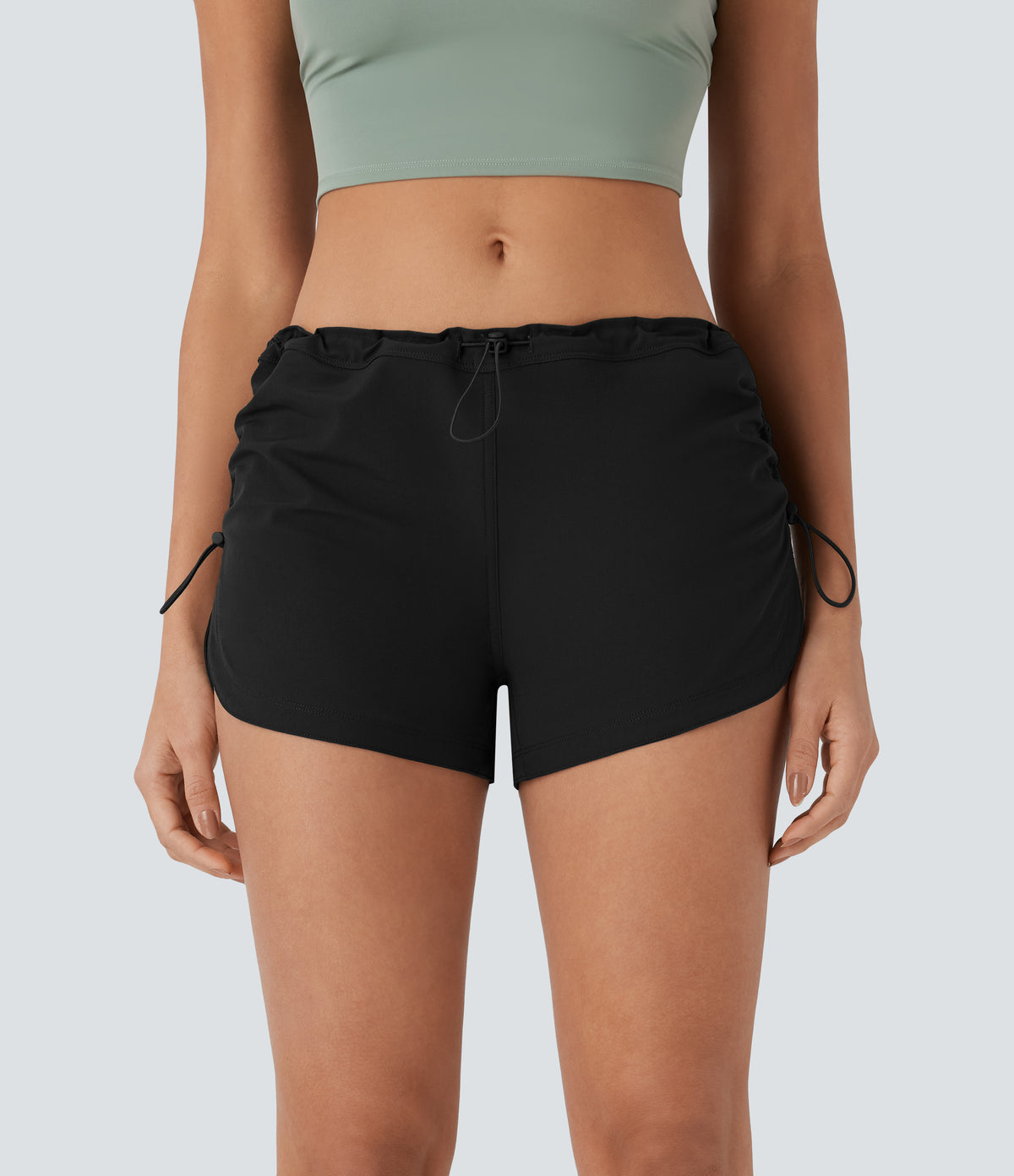 Low Rise Adjustable Drawcord Back Side Pocket Curved Hem Casual Shorts — Black — view 6