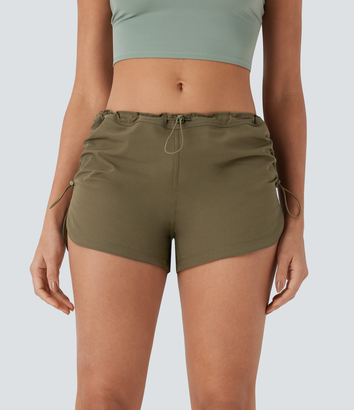 Low Rise Adjustable Drawcord Back Side Pocket Curved Hem Casual Shorts — Lizard — view 1