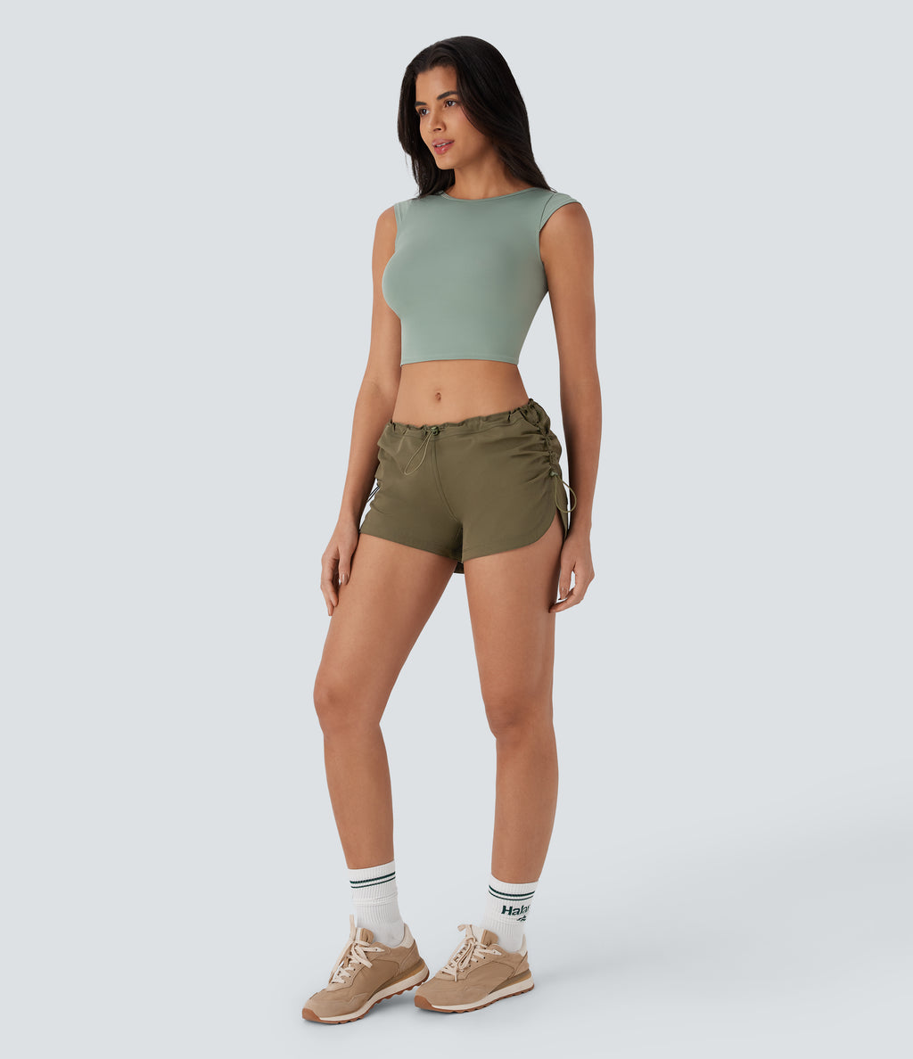Low Rise Adjustable Drawcord Back Side Pocket Curved Hem Casual Shorts — Lizard — view 5