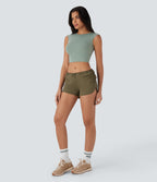 Low Rise Adjustable Drawcord Back Side Pocket Curved Hem Casual Shorts — Lizard — view 5