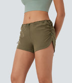 Low Rise Adjustable Drawcord Back Side Pocket Curved Hem Casual Shorts — Lizard — view 3