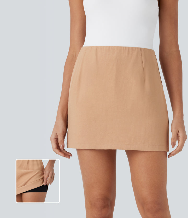 High Waisted Invisible Zipper 2-in-1 A Line Mini Casual Linen-Feel Skirt — Sheepskin — view 1