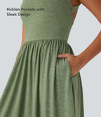 Twisted Backless Split Flowy Maxi Resort Dress with Pockets — Light Green Floral Yarn — view 5