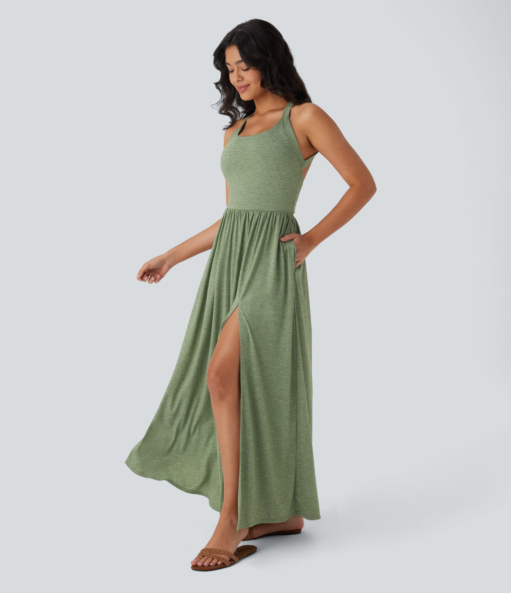 Twisted Backless Split Flowy Maxi Resort Dress with Pockets — Light Green Floral Yarn — view 3