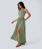 Twisted Backless Split Flowy Maxi Resort Dress with Pockets — Light Green Floral Yarn — view 3