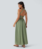 Twisted Backless Split Flowy Maxi Resort Dress with Pockets — Light Green Floral Yarn — view 1