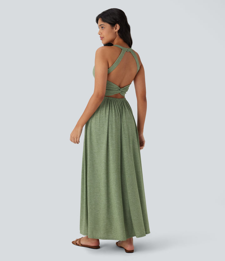 Twisted Backless Split Flowy Maxi Resort Dress with Pockets — Light Green Floral Yarn — view 1
