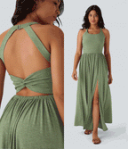 Twisted Backless Split Flowy Maxi Resort Dress with Pockets — Light Green Floral Yarn — view 7