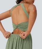 Twisted Backless Split Flowy Maxi Resort Dress with Pockets — Light Green Floral Yarn — view 8