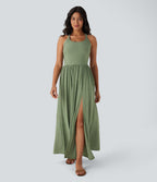 Twisted Backless Split Flowy Maxi Resort Dress with Pockets — Light Green Floral Yarn — view 2