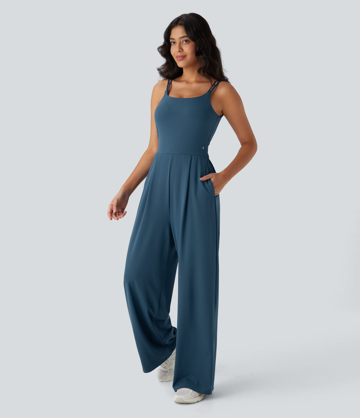 Airy Double Straps Backless Twisted Side Pocket Yoga Jumpsuit-Edition — Majolica Blue — view 3
