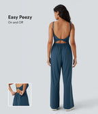 Airy Double Straps Backless Twisted Side Pocket Yoga Jumpsuit-Edition — Majolica Blue — view 1