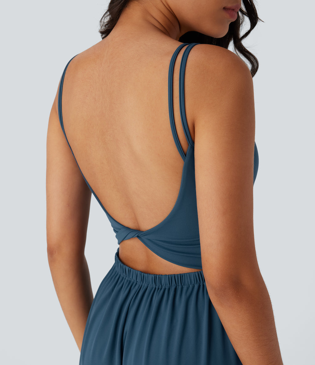 Airy Double Straps Backless Twisted Side Pocket Yoga Jumpsuit-Edition — Majolica Blue — view 4