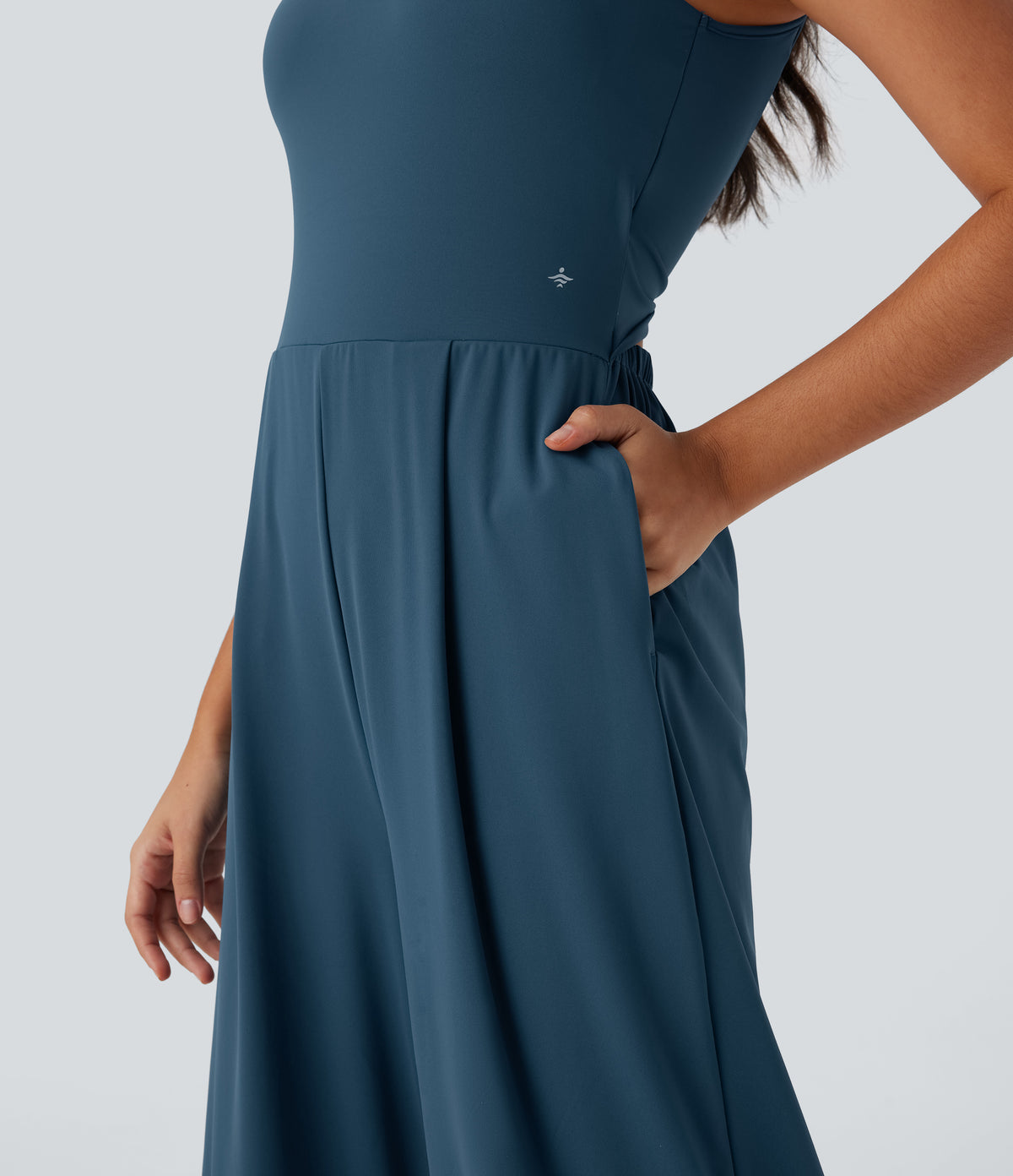 Airy Double Straps Backless Twisted Side Pocket Yoga Jumpsuit-Edition — Majolica Blue — view 6