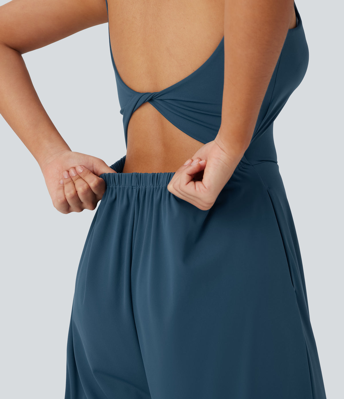 Airy Double Straps Backless Twisted Side Pocket Yoga Jumpsuit-Edition — Majolica Blue — view 5