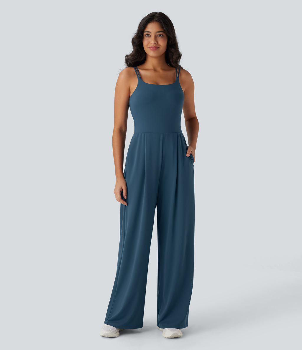 Airy Double Straps Backless Twisted Side Pocket Yoga Jumpsuit-Edition — Majolica Blue — view 2