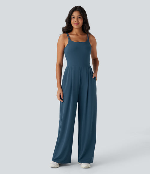 Airy Double Straps Backless Twisted Side Pocket Yoga Jumpsuit-Edition — Majolica Blue — view 2