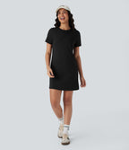 Round Neck Short Sleeve Solid Mini Casaul Tee Dress — Black — view 6