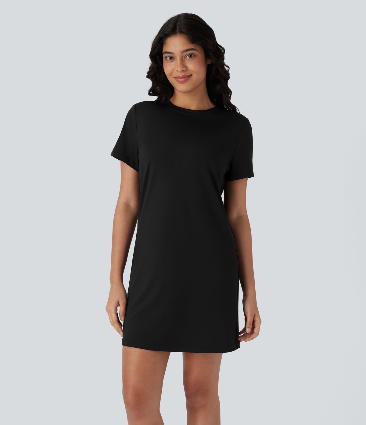 Round Neck Short Sleeve Solid Mini Casaul Tee Dress — Black — view 3