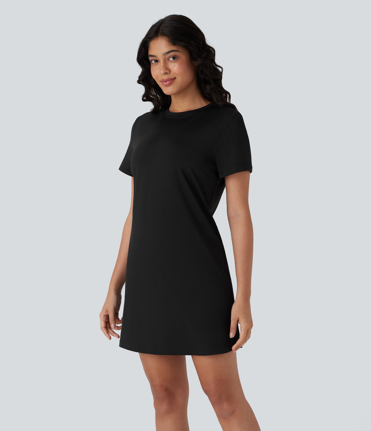 Round Neck Short Sleeve Solid Mini Casaul Tee Dress — Black — view 1