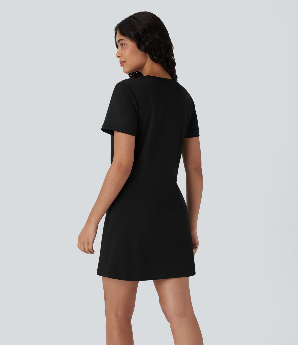 Round Neck Short Sleeve Solid Mini Casaul Tee Dress — Black — view 2