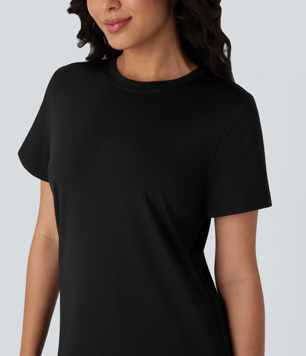 Round Neck Short Sleeve Solid Mini Casaul Tee Dress — Black — view 4