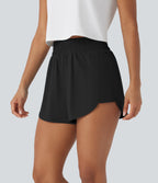 High Waisted Back Zipper Pocket Curved Hem Quick Dry Hiking Shorts — Black — view 1
