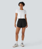 High Waisted Back Zipper Pocket Curved Hem Quick Dry Hiking Shorts — Black — view 6
