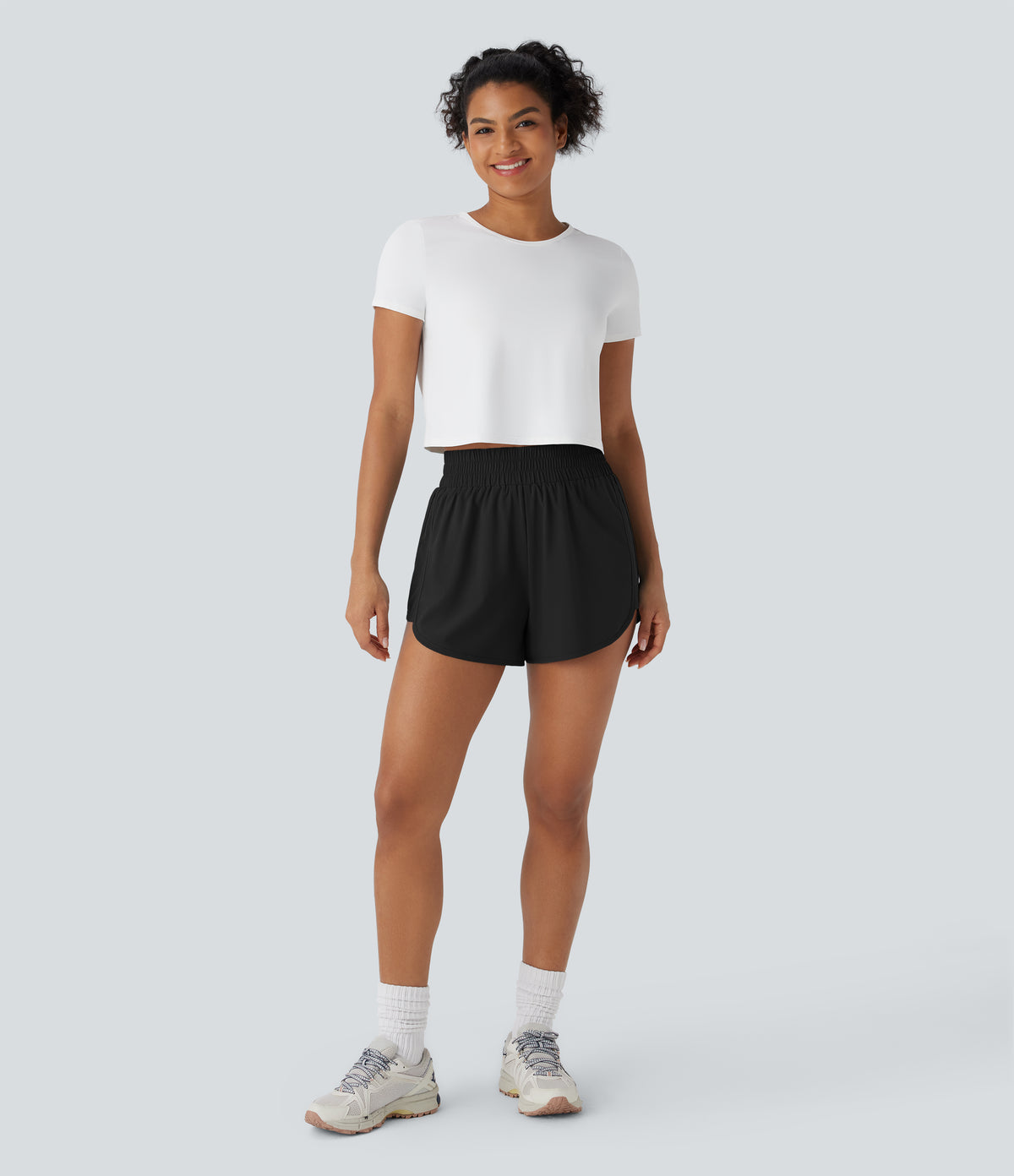 High Waisted Back Zipper Pocket Curved Hem Quick Dry Hiking Shorts — Black — view 6