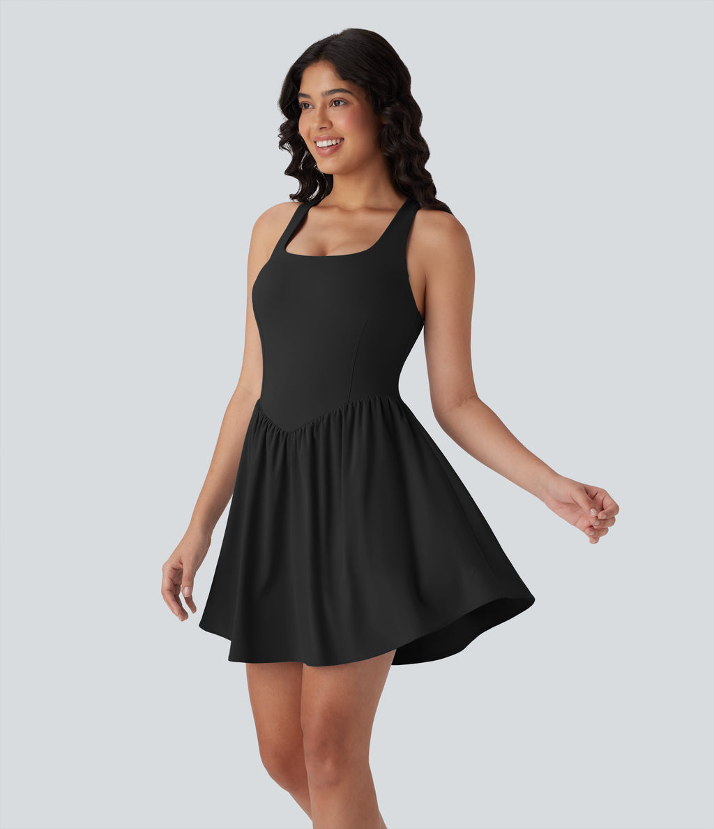 Corset 2-in-1 Pocket Mini Quick Dry Flowy Pickleball Active Dress-Longer Legnth — Black — view 9