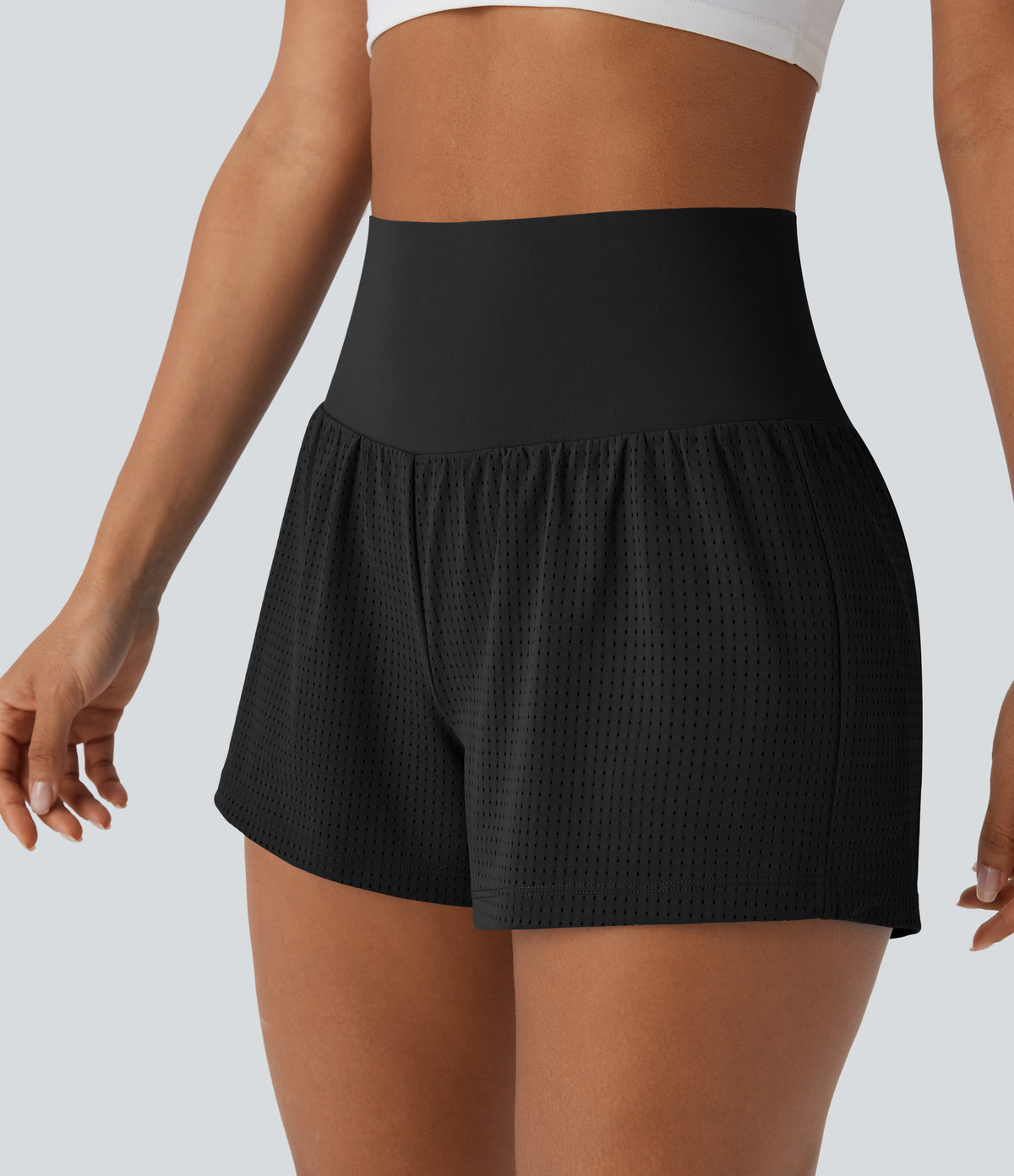 Super High Waisted Tummy Control Perforated 2-in-1 Yoga Shorts — Black — view 7