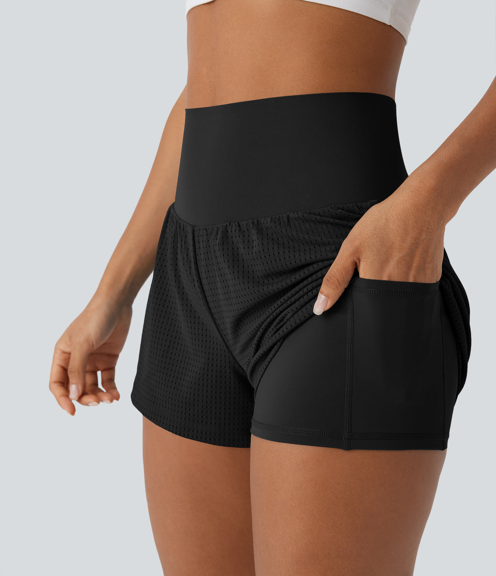 Super High Waisted Tummy Control Perforated 2-in-1 Yoga Shorts — Black — view 4