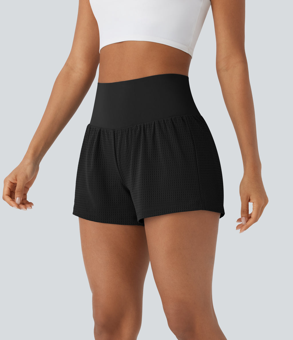 Super High Waisted Tummy Control Perforated 2-in-1 Yoga Shorts — Black — view 3