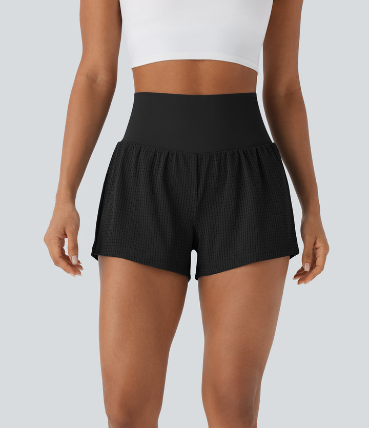Super High Waisted Tummy Control Perforated 2-in-1 Yoga Shorts — Black — view 1