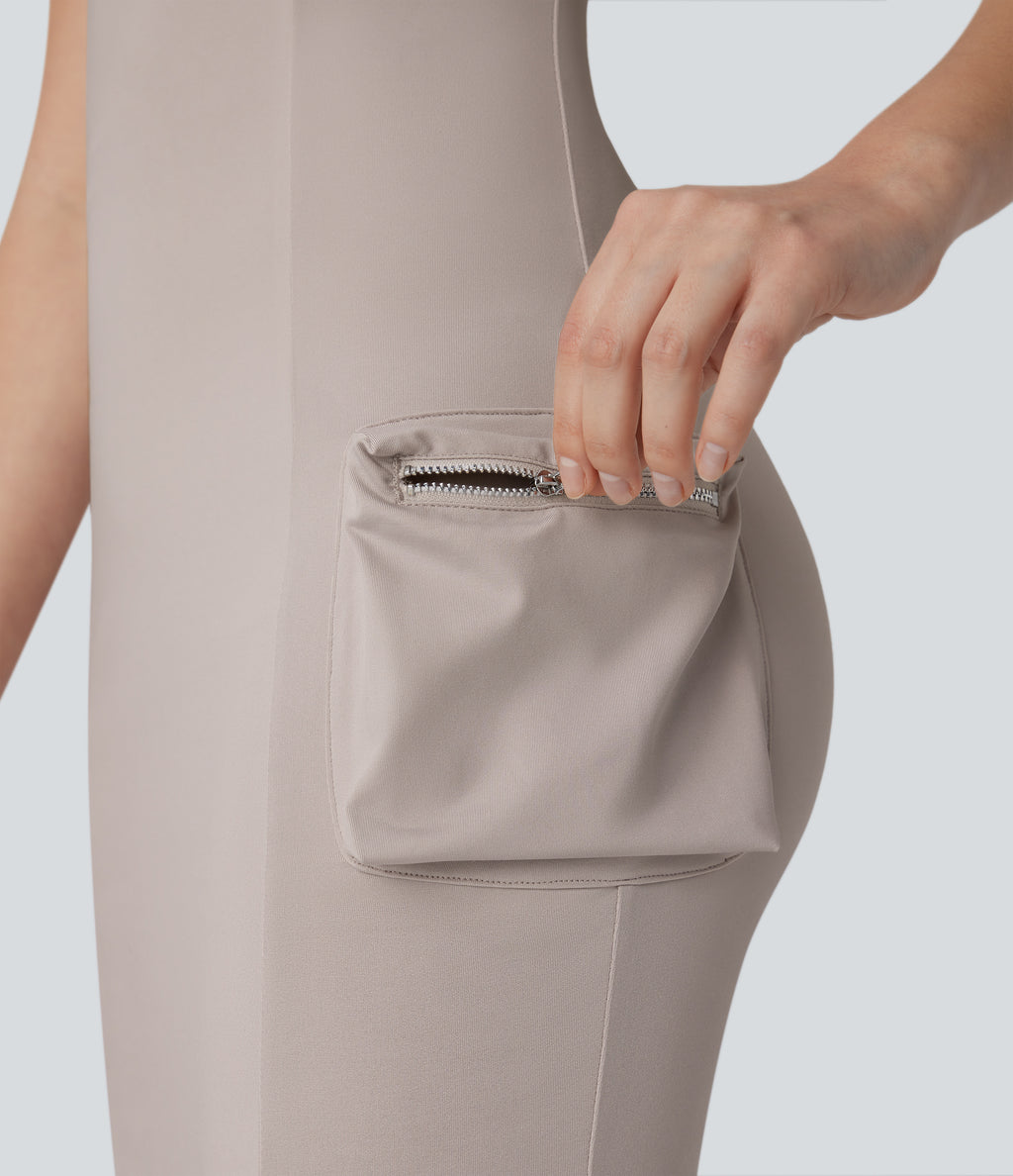 Racerback Cargo Zipper Pocket 2 Piece Bodycon Mini Dance Active Dress — Ashes of Roses — view 5