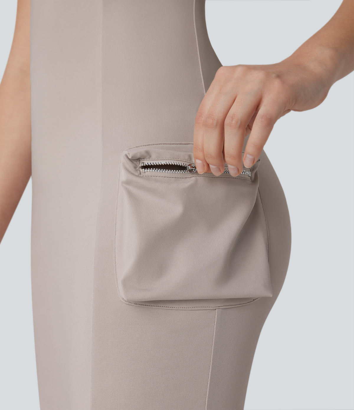 Racerback Cargo Zipper Pocket 2 Piece Bodycon Mini Dance Active Dress — Ashes of Roses — view 5