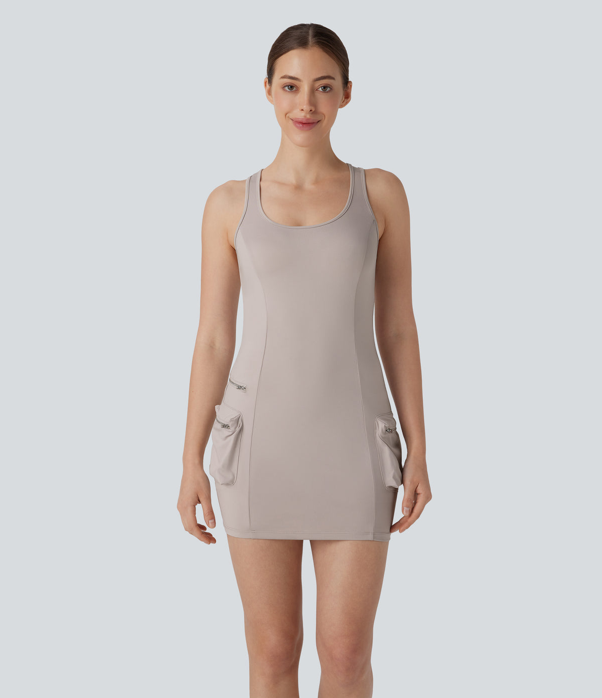 Racerback Cargo Zipper Pocket 2 Piece Bodycon Mini Dance Active Dress — Ashes of Roses — view 1