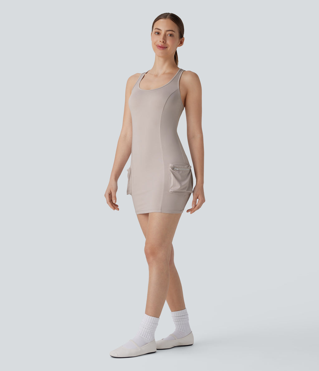 Racerback Cargo Zipper Pocket 2 Piece Bodycon Mini Dance Active Dress — Ashes of Roses — view 8