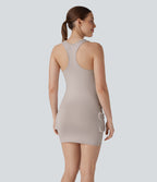 Racerback Cargo Zipper Pocket 2 Piece Bodycon Mini Dance Active Dress — Ashes of Roses — view 2