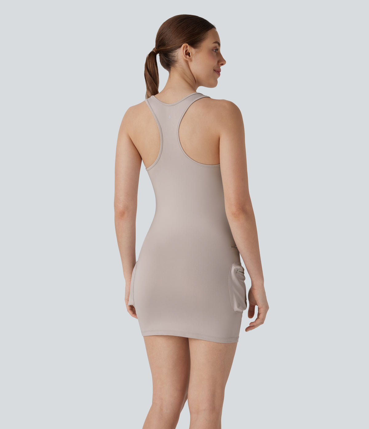 Racerback Cargo Zipper Pocket 2 Piece Bodycon Mini Dance Active Dress — Ashes of Roses — view 2