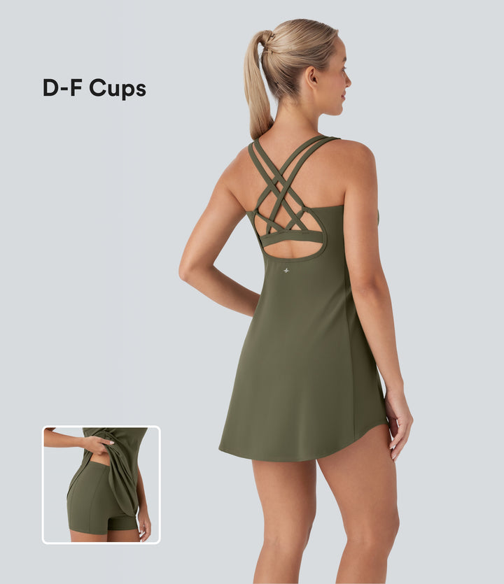 Plush Cut Out Pocket 2-Piece Mini Yoga Active Dress DD-F Cups — Grass Grey Green — view 1