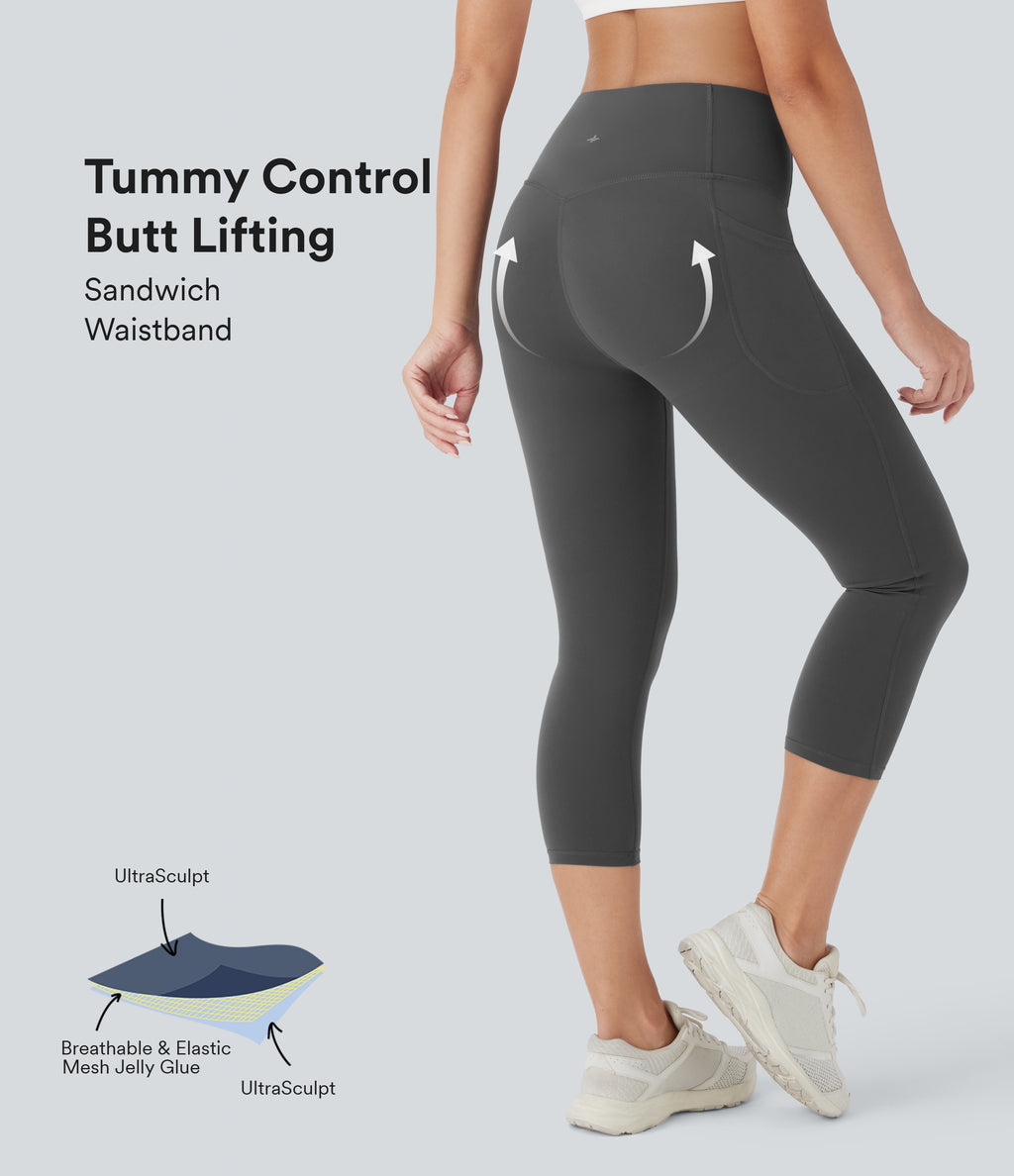High Waisted Butt Lifting Tummy Control Pocket Shaping Capri Training Leggings — Volcanic Ash — view 1