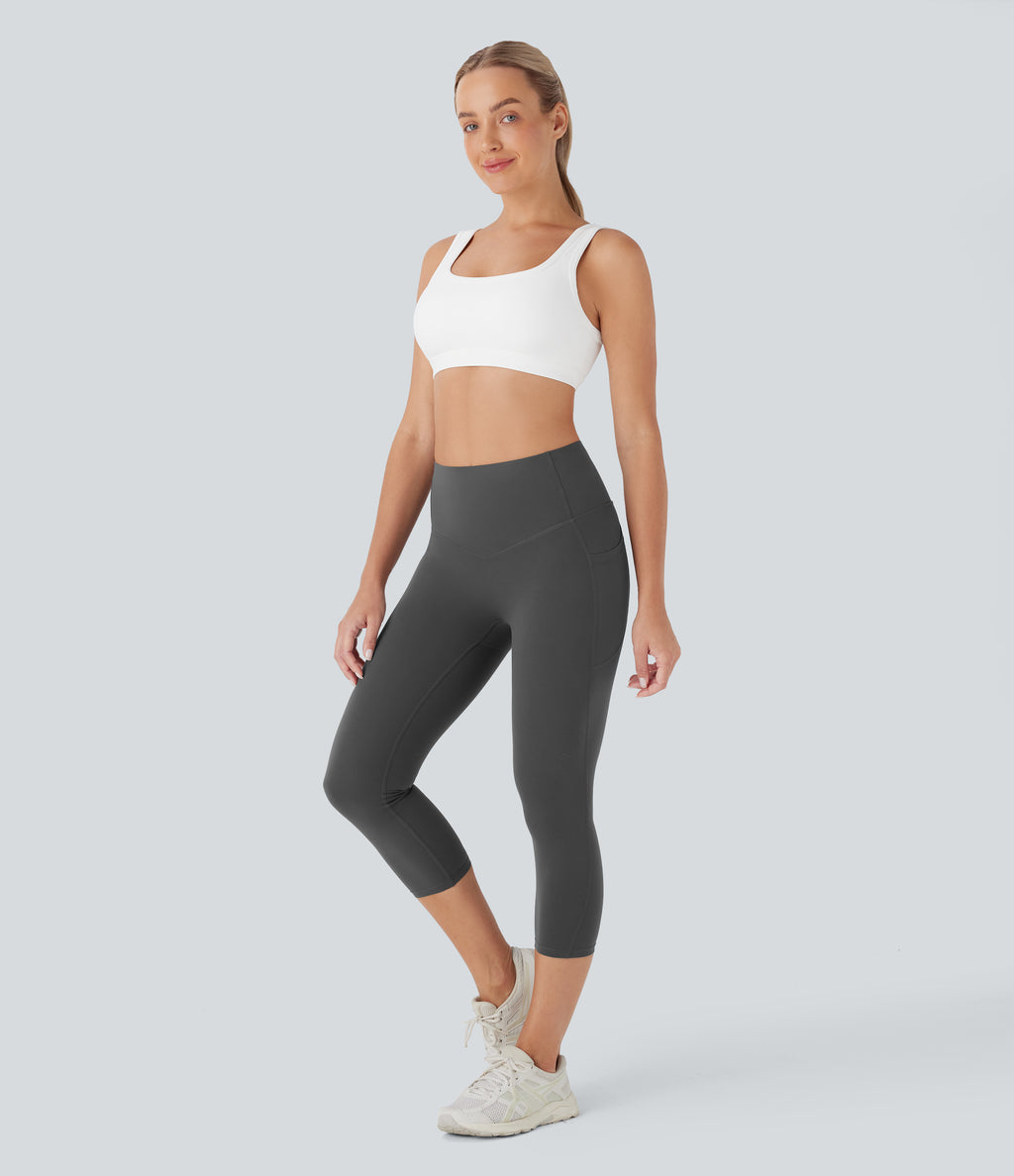 High Waisted Butt Lifting Tummy Control Pocket Shaping Capri Training Leggings — Volcanic Ash — view 6
