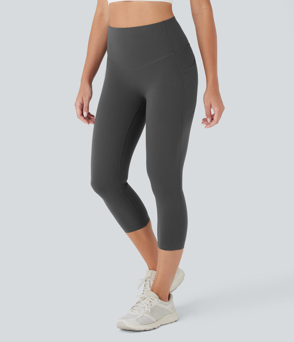High Waisted Butt Lifting Tummy Control Pocket Shaping Capri Training Leggings — Volcanic Ash — view 3